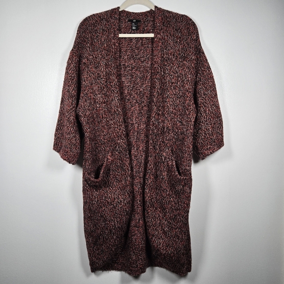 H&M Red Black Marled Knit Open Front Long Duster Cardigan Sweater Size Large - Picture 1 of 14
